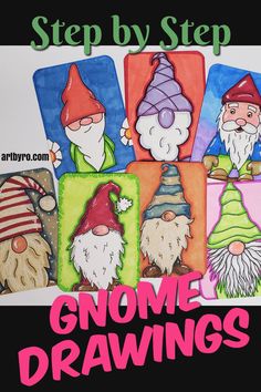 an image of gnomes drawn in watercolor and ink on paper with the title step by step