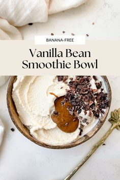 nice cream in a coconut bowl with a gold spoon Vanilla Banana Smoothie, Vanilla Bean Protein Shake Recipes, Breakfast Ice Cream, Banana Cream Smoothie, Vanilla Smoothie Bowl, Healthy Sweet Breakfast, Vanilla Bean Smoothie, Bean Smoothie, Nice Cream Recipes