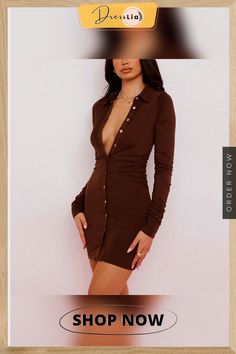 Ruched Black Women's Shirt Dress Fashion Casual Turn-down Collar Button Up Women's Mini Dresses Bodycon Solid Brown Long Sleeve Mini Dress With Buttons, Spring Long Sleeve Bodycon Dress With Button Closure, Brown Fitted Long Sleeve Shirt Dress, Fitted Button-up Shirt Dress, Long Sleeve Ruched Shirt Dress, Fitted Ruched Button-up Dress, Fitted Ruched Button-up Mini Dress, Fitted Brown Mini Dress With Button Closure, Brown Fitted Button-up Mini Dress