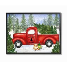 an old red truck with christmas trees in the back and a dog on the front