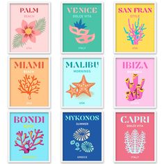 six colorful posters with the names of different countries in each one, including brazil, miami, marlbu, and ibiza