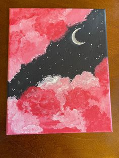 an acrylic painting of a black bird with a crescent moon in the sky