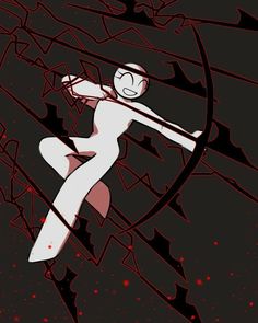 a stylized image of a woman in white and black with red splatters on her body