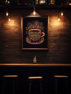 two bar stools in front of a painting on the wall with lights hanging above it