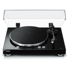 a black turntable with a clear case on top