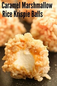 caramel marshmallow rice krispie balls on a black surface with text overlay