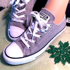 Perfect All Star Converse For Holidays Rare Silver Threaded Canvas Converse New! Metallic Silver Lace-up Casual Sneakers, Silver High-top Sneakers With Glitter Accents, Silver Glitter Casual Sneakers, Casual Metallic Sneakers With Glitter, Casual Metallic Glitter Sneakers, Silver Glitter Lace-up Sneakers, Casual Silver Glitter Sneakers, Canvas Converse, Rare Converse