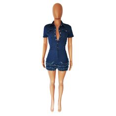 Turn Down Collar Short Sleeve Tassel Denim Rompers Trendy Dark Wash Denim Jumpsuit With Frayed Hem, Denim Romper, Denim Jumpsuit, Jumpsuit Romper, Jumpsuit, Rompers, Sleek, Slim Fit, Turn Ons