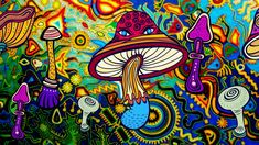 an artistic painting with many different colors and shapes on the wall, including mushroom like objects