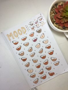 an open notebook with stickers on it next to a bowl of succulents