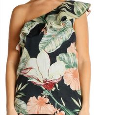 Ann Taylor Women Xl Blue Tropical Floral Ramie Cotton Ruffle One Shoulder Top. New With Tags. Please See Measurements Below For Accurate Sizing. Measurements: Chest Laying Flat Across The Front From Arm Pit To Arm Pit: 21 Inches Length From Top Of Shoulder Down To The Bottom Hem: 28 Inches All Our Items Come From A Smoke Free Environment. We Would Be Happy To Combine Shipping So Feel Free To Look Around Our Store And Let Us Know If You Have Any Questions. Black Tropical Tops For Spring, Tropical Black Tops For Spring, Spring Tropical Black Top, Casual One-shoulder Ruffled Blouse, One Shoulder Blouse For Vacation, Casual One-shoulder Tops For Vacation, Black Tropical Top With Floral Print, Black Floral Print Tropical Top, Black Tropical Floral Print Tops