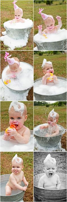 a collage of photos showing a baby taking a bath and playing in the water