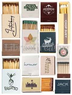 many matches are arranged in an arrangement on a white background, including one match box