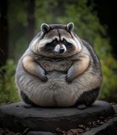 a raccoon sitting on top of a rock in front of some trees and bushes