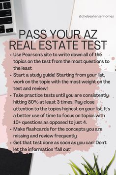 a poster with the words pass your az real estate test written in front of it