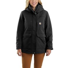 PRICES MAY VARY. 8.5-ounce 59% cotton/39% polyester/2% spandex 80 gram 3M Thinsulate insulation Rain Defender durable water repellent finish Rugged Flex durable stretch technology for ease of movement Mighty Back Bi- Swing between shoulders for instant recovery Carhartt Coat, Carhartt Womens, Carhartt Jacket, Carhartt Women, Coat Black, Black Coat, Vest Jacket, Insulation, Coats For Women