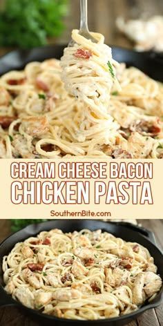 chicken pasta in a skillet being scooped with a spatula from the bottom, and then topped with cream cheese bacon