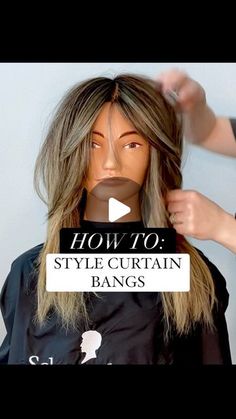 Curtain Bangs Medium Hair How To Style, Curtain Bang Layers Long Hair, Off Centre Curtain Bangs, Bangstyle Hair Long Curtain, How To Style Curtain Bangs Long Hair, Best Way To Style Curtain Bangs, Curtain Bangs Medium Hair Styling, How To Blow Dry Curtain Bangs Tutorial, Kim K Curtain Bangs