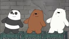 three cartoon bears standing on top of stacks of money in front of a brick wall