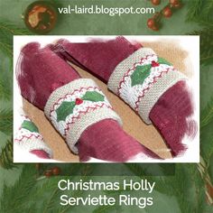 two knitted christmas stockings with holly on them and pine cones in the background text reads, christmas holly service rings