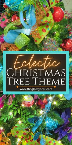 unique christmas tree with bright neon colored decorations, florals, ribbon Christmas Tree Ideas Rainbow, Christmas Tree Peacock Theme, Red And Teal Decor, Unique Themed Christmas Trees, Bar Themed Christmas Tree, Irredecent Christmas Tree, Bright Color Christmas Tree Ideas, Candy Themed Christmas Tree Topper, Multicolor Christmas Decorations