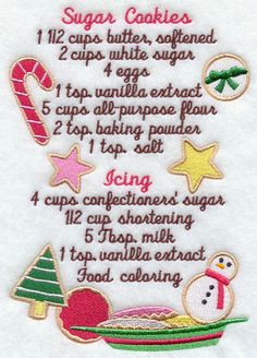 the recipe for sugar cookies is embroidered on a white towel with red and green trim