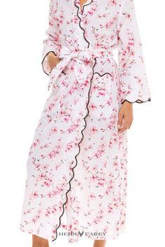 Fully hand scalloped in a sophisticated chocolate trim , made with lightweight cotton to anticipate the warming weather it will be your new favorite robe. On colder days layer my cherry blossom pj's to match and keep extra warm! White Floral Print Kimono For Loungewear, White Floral Print Robe For Daywear, Cotton Floral Print Robe For Daywear, Loungewear Fashion, Cherry Blossom Print, Cozy Pajamas, Wide Sleeves, Unique Patterns, Stylish Women