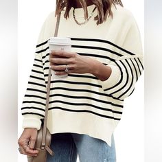 Nwt Oversized Sweater Women’s Medium Cream Colored With Black Stripes -Oversized Sweater -Women’s Medium -See All Pics For Sizing And Material -From Smoke-Free Environment -Item Shown Is The Exact Item You Will Receive White Relaxed Fit Sweater For Day Out, Trendy Fall Clothes, Wrap Front Sweater, Faux Leather Motorcycle Jacket, Oversized Striped Sweater, Oversized Sweater Women, Cashmere Sweater Women, Burgundy Sweater, Color Block Sweater