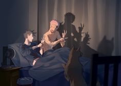 two people sitting in bed with shadows on the wall and one person standing next to them