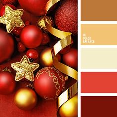 a red and gold christmas color scheme with baubles, stars, and ornaments