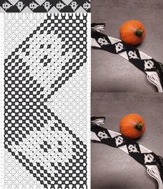 two pictures with black and white patterns, one has an orange on it's head