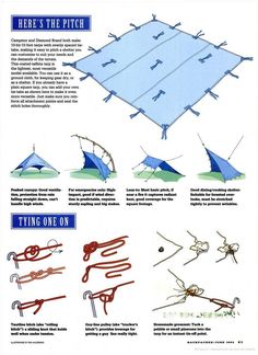 the instructions for how to set up an inflatable tarp with ropes and hooks