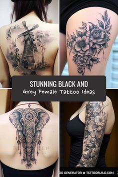 several different tattoos on the back of women's arms and shoulder, including an elephant with