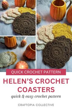 crocheted coasters with pumpkins and pine cones in the background, along with text that reads quick crochet pattern helen's crochet coasters