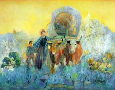 an oil painting of people and animals in front of a cart with two men on it