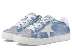 Nina Kids Evon (Little Kid/Big Kid) - Girl's Shoes : Light Blue Metallic : Let your little one feel like a star wearing the Nina Kids Evon sneakers. Man-made upper with glitter detail. Man-made lining. Cushioned memory foam insole. Lace-up vamp with zippered side closure. Round toe. Star applique on the lateral side. Flexible non-slip TPR outsole. Imported. Measurements: Weight: 6 oz Product measurements were taken using size 13 Little Kid, width M. Please note that measurements may vary by size. Shoes Light Blue, Star Applique, Girls Shoes Kids, Children Shoes, Big Kid, Big Kids, Kid Shoes, Size 13, Little One