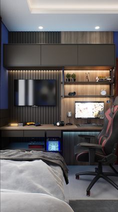 a bedroom with a bed, desk and television in the corner is lit by recessed lighting