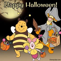 winnie the pooh and her friends are dressed up as halloween characters for this happy halloween card