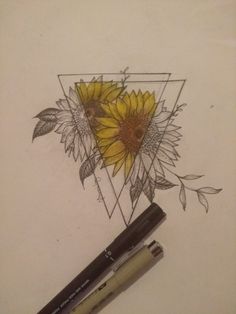 a drawing of a sunflower with a triangle in the background