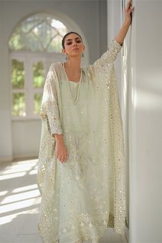 Zola Silk Kaftan Dress Style, Pakistani Kaftan Designs, Pakistani Kaftan, Organza Kaftan, Silk Kaftan Dress, Kaftan Designs, Eid Dresses