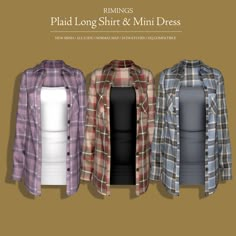 three plaid shirts and one white shirt are lined up against a brown background with the words,