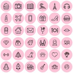 the icons for different types of things in black and white on a pink circle background