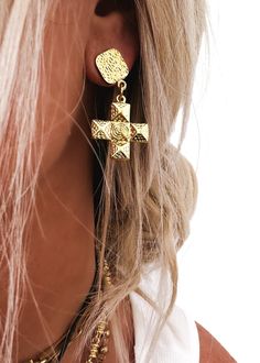 This piece is extra special it was designed by Pebby herself. We've been searching for the perfect layering pieces for you to add to your jewelry collection, and we finally found it! This essential piece will be your new every day jewelry. Casual enough to wear with a tee on the daily, or dress it up for a night out! Gold in Color Embellished Cross Earrings Victorian Pendant Dramatic Styling Crafted from Fine Metals Hypoallergenic All Jewelry is Final Sale and is Not Eligible for Return or Excha Tarnish Resistant Metal Plug Earrings As Gift, Tarnish Resistant Brass Plug Earrings As Gift, Trendy Brass Earrings For Gift, Tarnish Resistant Linear Metal Earrings As Gift, Jewelry Casual, Victorian Pendants, Vintage Mom, Gold Statement Earrings, Cross Earrings