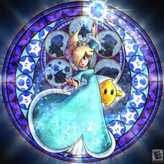 a stained glass window with an image of princess peach and pikachu on it