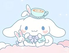 a cartoon bunny with a cup of coffee on top of it's head and two rabbits sitting in front of it