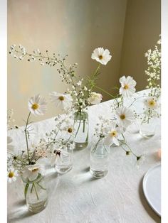 three vases filled with white flowers on top of a table