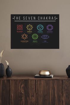 the seven chakras on a wall above a wooden cabinet