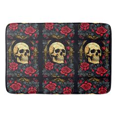 skulls and roses on black background with red roses in the center, along with gold trimmings