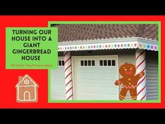 a gingerbread house is decorated with candy canes and an image of a gingerbread man