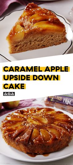 the cake is upside down and has caramel apple upside down on it's side